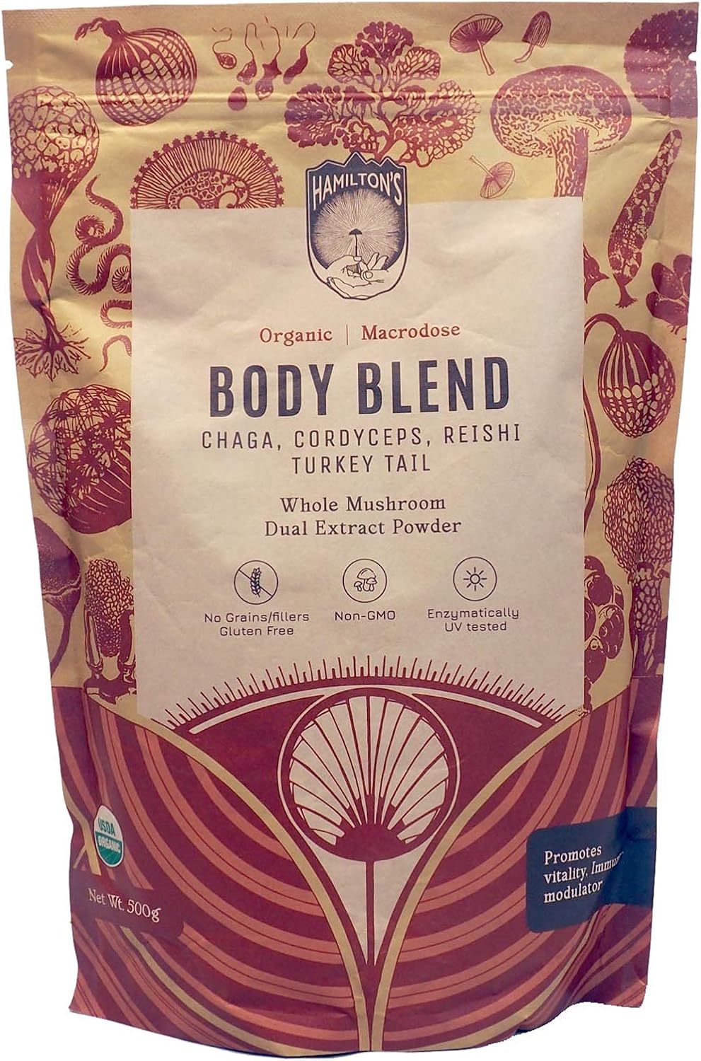 71Felrv6i2L._AC_SL1500_.jpg Hamilton’s Body Blend | Chaga, Cordyceps, Reishi, Turkey Tail | Organic Mushroom Extract Powder for Immune, Endurance, and Stress Support | High Potency | 30% Beta Glucans | GF, Non-GMO, Vegan (500g)