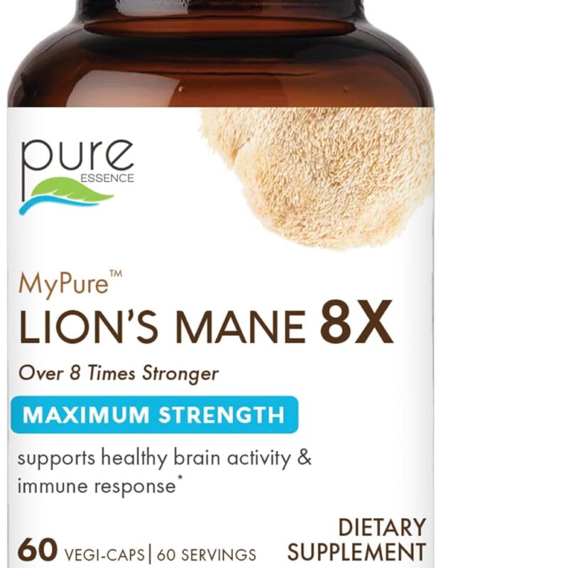 PURE ESSENCE LABS MyPure Lion's Mane 8X - Max Strength Brain Support with 100% Fruiting Body Organic Lion's Mane for Ultimate Cognitive Performance, Focus, and Mental Clarity, 60 Capsules