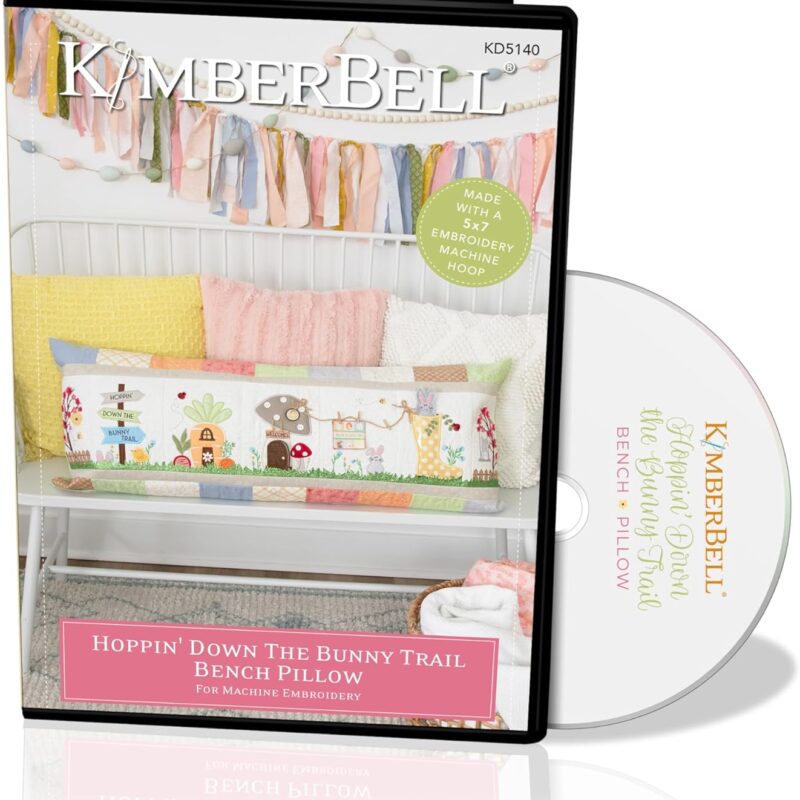 Kimberbell Hoppin’ Down The Bunny Trail Bench Pillow – Machine Embroidery Design CD, 16" x 38" Pillow Pattern with Applique, Textured Fabrics & Custom Buttons – Fits 5x7+ Hoops