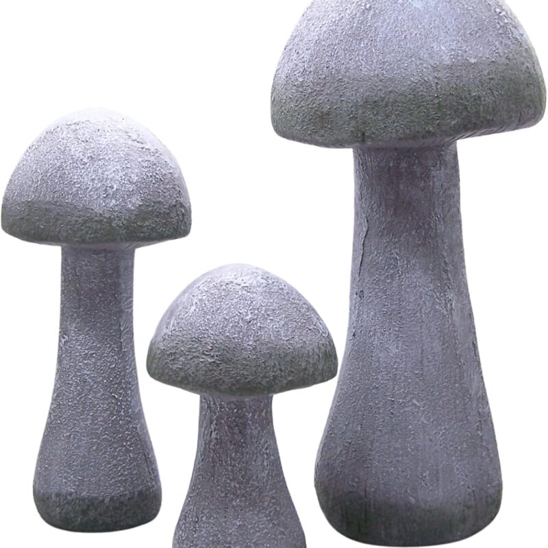 Wowser Gray Mushroom Statues, Set of 3 Assorted Sizes, Freestanding Garden Decor, Unique Outdoor Decoration