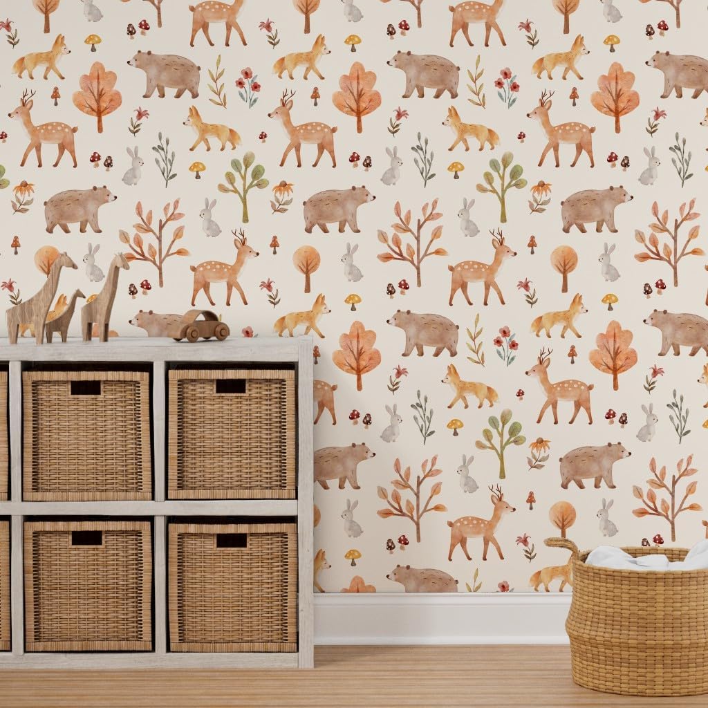 71HxbQwpGBL._AC_SL1024_.jpg Spoonflower Peel & Stick Wallpaper 6ft x 2ft - Watercolor Nursery Whimsical Woodland Animals Baby Deer Fox Bear Bunny Mushroom Flowers Hand Drawn Custom Removable Wallpaper - Image 7