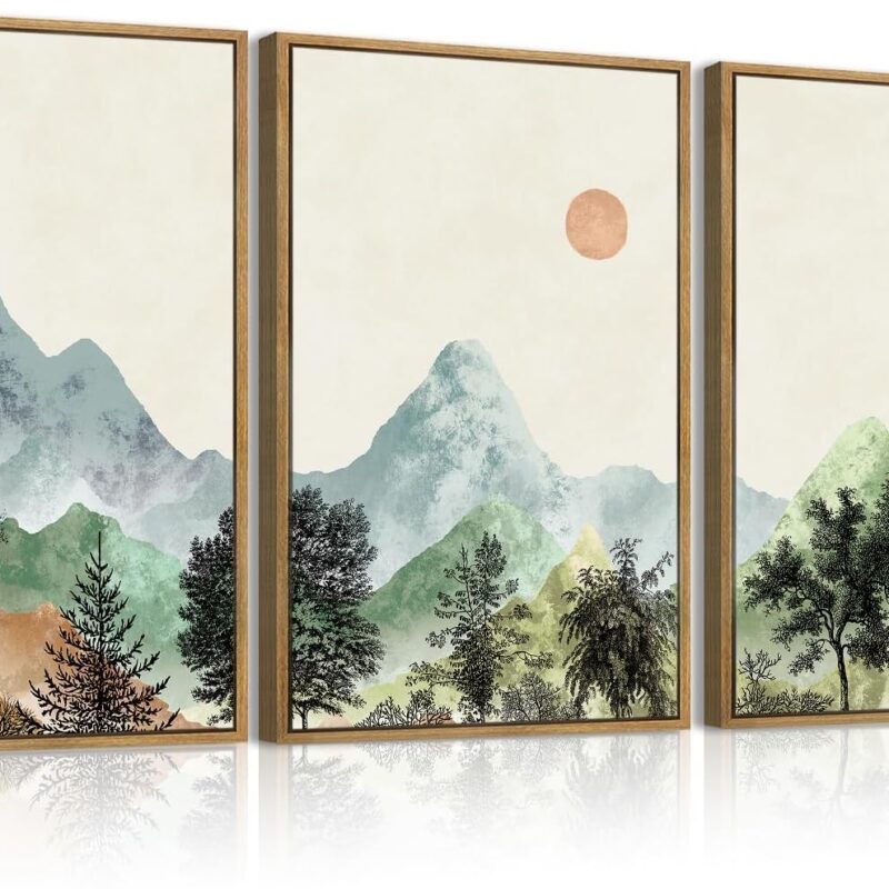 ANHUIB Boho Mountain Wall Art Framed Watercolor Landscape Wall Decor for Living Room Dining Room Office 16x24 Inch Set of 3