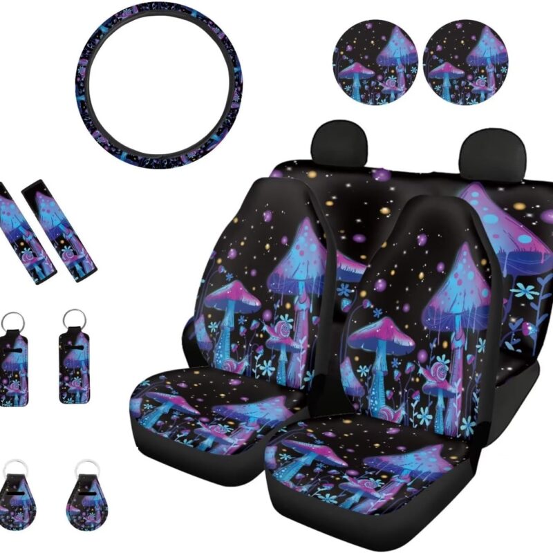 FKELYI Universal Mushroom Car Seat Covers Full Set with Cup Holder Pads,Small Keychains,Lipstick Holder Lip Balm Pouch,Steering Wheel Cover,Seat Belt Pads