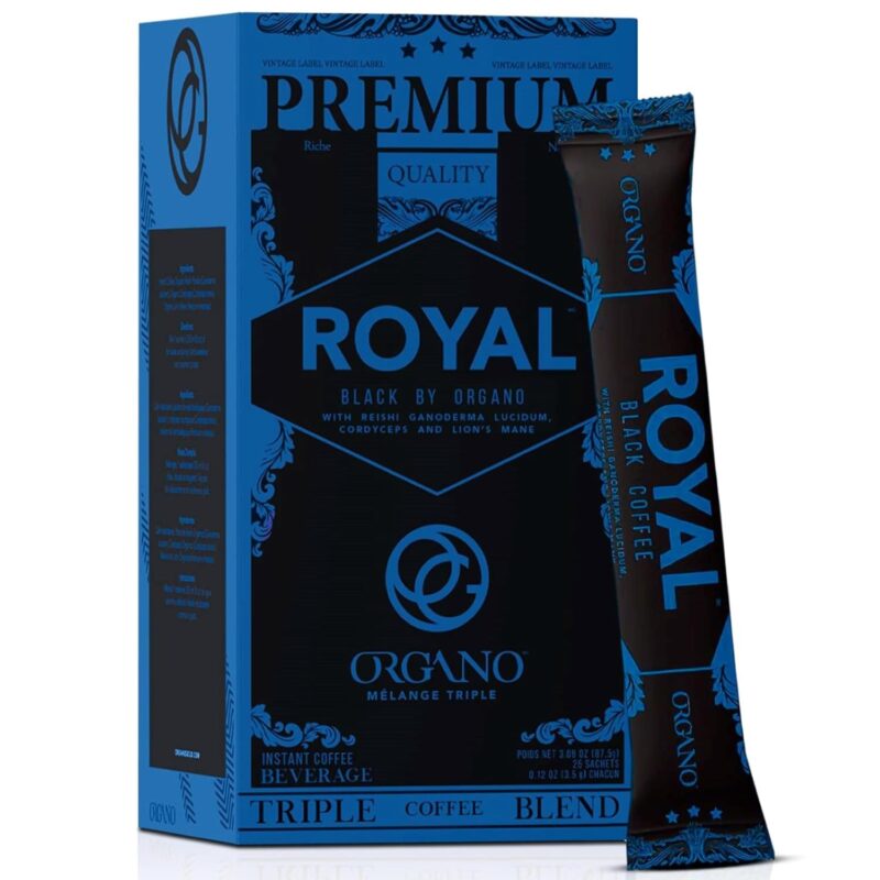 ORGANO Royal Black Medium Dark Roast Instant coffee. Infused with Triple Mushroom Blend, Ganoderma, Cordyceps and Lion's Mane. Aromatic and flavorful Ground Coffee Beans (25 Sachets)