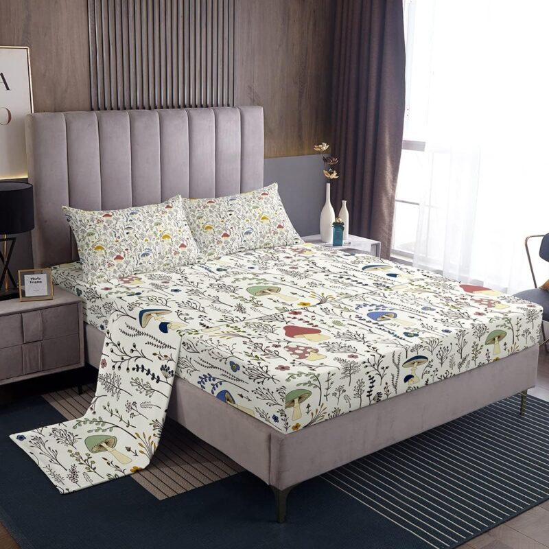 Erosebridal Cartoon Mushroom Sheet Set Flowers Branch Leaves Fitted Sheet for Kids Child,Colorful Mushroom Kawaii Bed Sheets Jungle Weed Botanical Bedroom Decor Queen Size