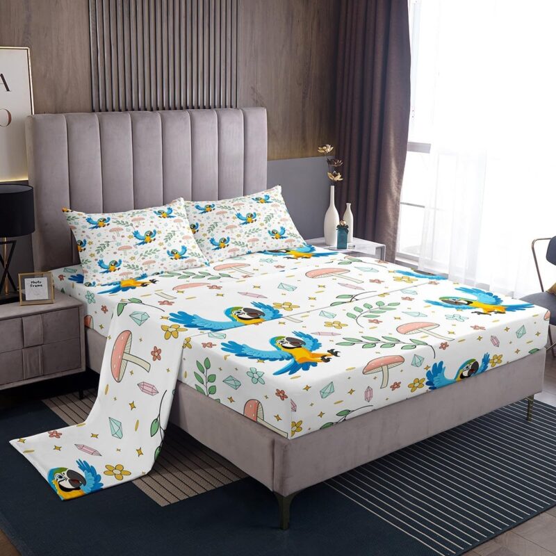 Kids Cute Parrot King Sheet Sets for Girls Boys Kawaii Floral Leaves Mushroom Bed Sheets,Cartoon Animal Bird Fitted Sheets Flower Botanical Wildlife Bed Sheet Set 4 Piece