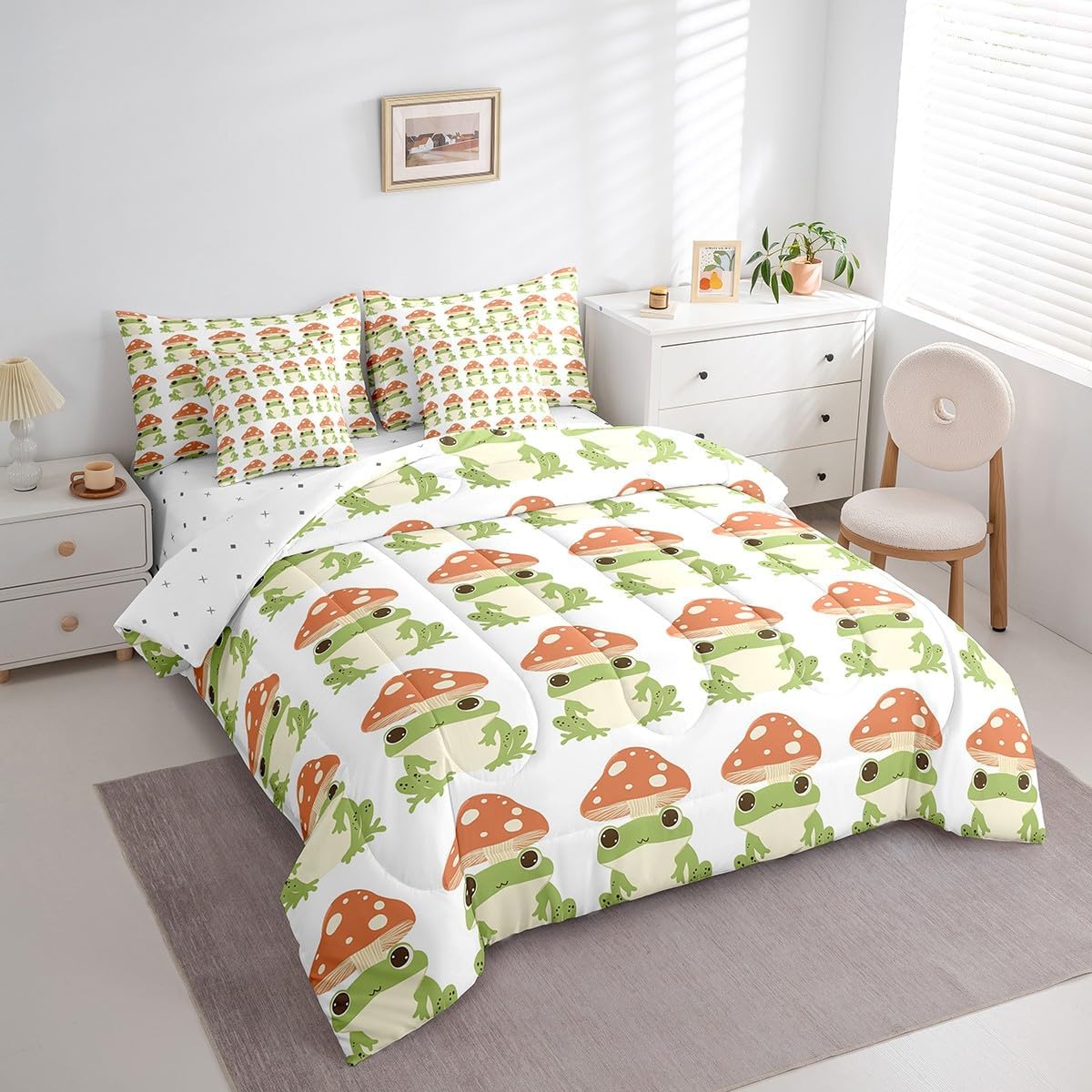71KKBlCiDQL._AC_SL1200_.jpg Feelyou Frog Bed in a Bag Cute Green Frogs with Mushroom Hats Comforter Set Twin Size 7 Pieces Boys Girls Kawaii Animal Bedding Set Microfiber Nature Bed Set with Sheets Bedroom Bed Set with Sheets - Image 2