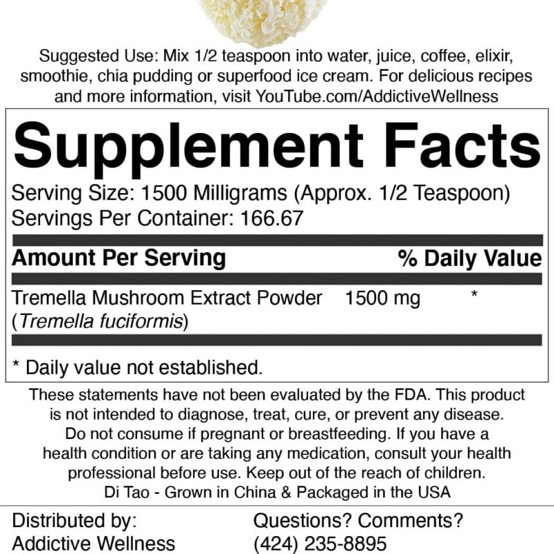 Addictive Wellness Tremella Mushroom Extract Powder Wood Grown Pure & Potent (250 Grams)