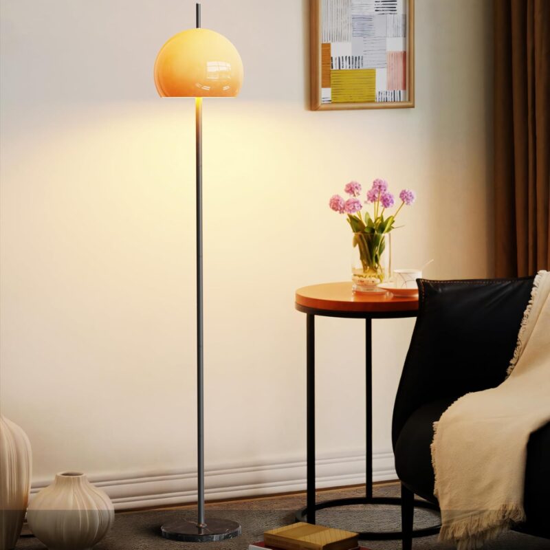 Mid Century Floor Lamp, Mushroom Retro Floor Lamp with Burnt Orange Bell Glass Shade and Black Marble Base, Modern Standing Tall Lamp for Living Room, Bedroom, Home Office Deco