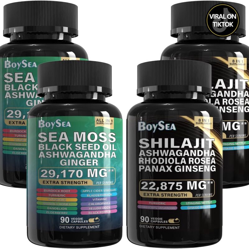 Boysea.Shilajit and Sea Moss Bundle - 90 Count - Sea Moss 7000mg, Black Seed Oil 4000mg, Ashwagandha 2000mg, Ginger & Shilajit 9000mg, Rhodiola Rosea 1000mg, All in 1 Supplements (2 Pack)
