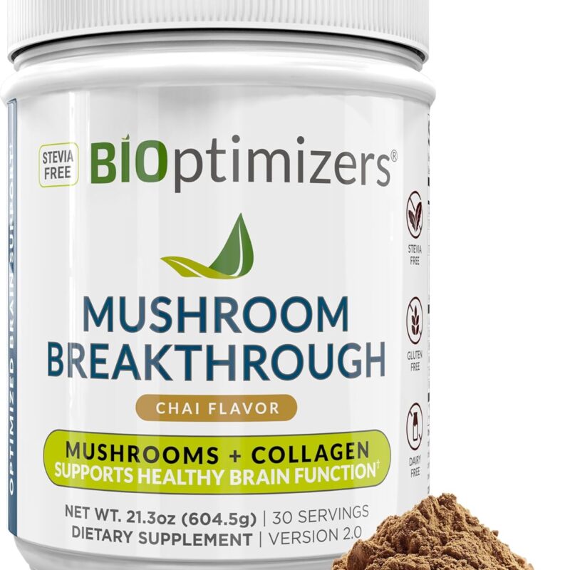 BiOptimizers Mushroom Coffee Alternative – Chai Drink – Lion’s Mane, Chaga, Reishi + Collagen Peptides for Focus, Energy & Gut Health – Adaptogenic Mushrooms & MCT Powder – 30 Servings