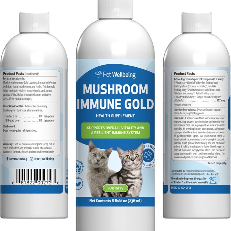 Pet Wellbeing Mushroom Immune Gold for Cats - Holistic Immune Support with Reishi, Maitake, Turkey Tail, and Milk Thistle - Veterinarian-Formulated Functional Mushroom Supplement 8 oz (237 ml)