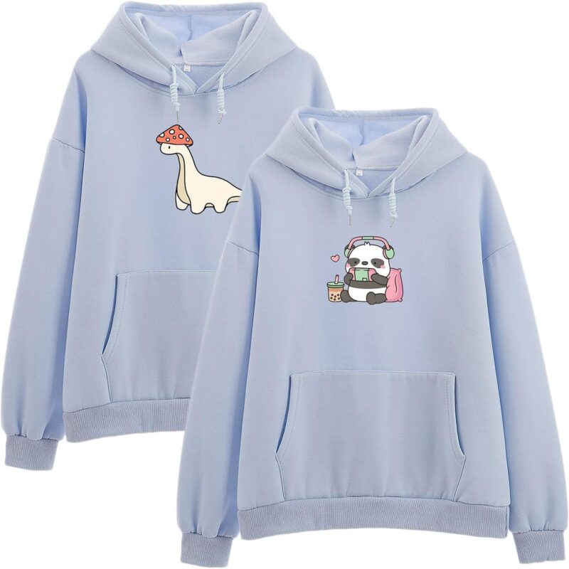 Oversized Kawaii Cartoon Hoodies for Teen Girl Featuring Cute Panda and Mushroom Dino Prints 2pc（Light Blue，XL）