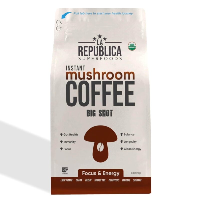 La Republica Big Shot Instant Mushroom Coffee Organic (120 Servings) with Lion's Mane, Reishi, Chaga, Cordyceps, Maitake, Turkey Tail