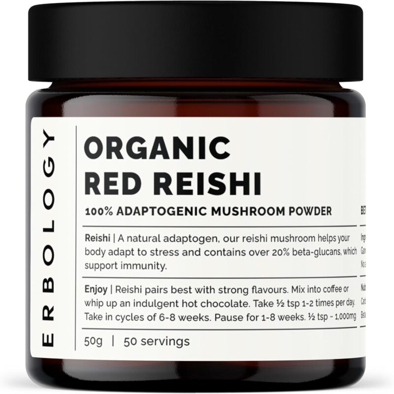 Erbology Organic Reishi Mushroom Powder 50 Servings - 21% Beta-glucans - Immunity Support - Ganoderma Lucidum - Small Batch - Sustainably Grown in Europe - Vegan - Non-GMO - No Added Fillers