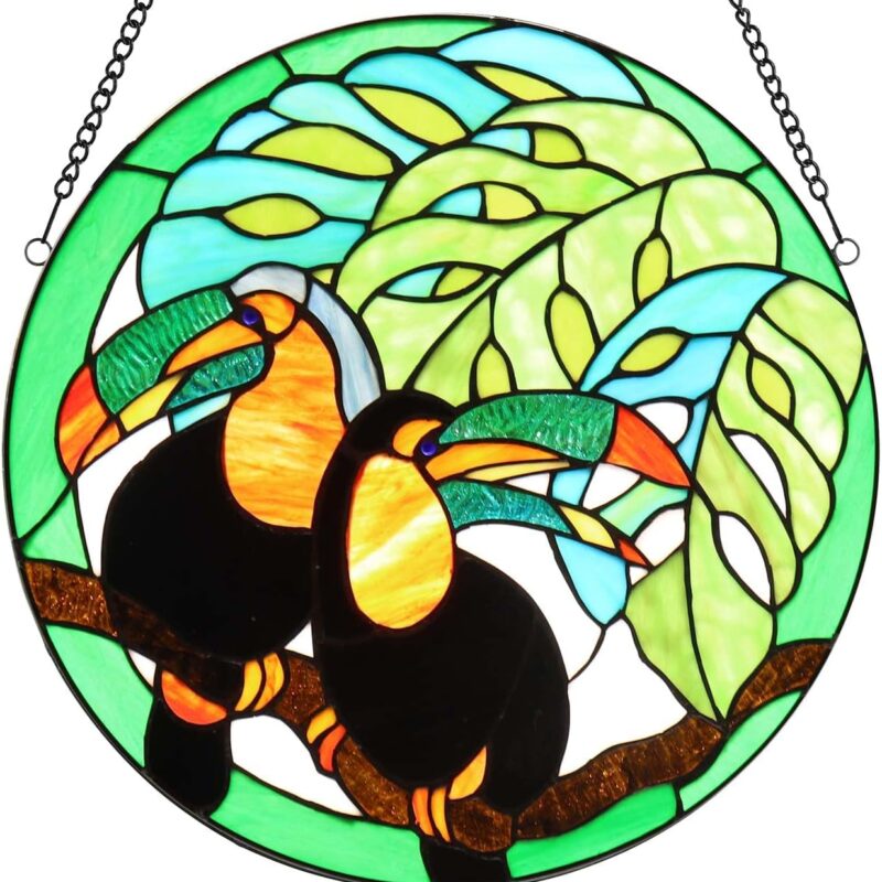 Bieye W10070 Pair of Toucans in The Swiss Cheese Plant Tiffany Style Stained Glass Window Panel, Round Shape, 16 inches Wide