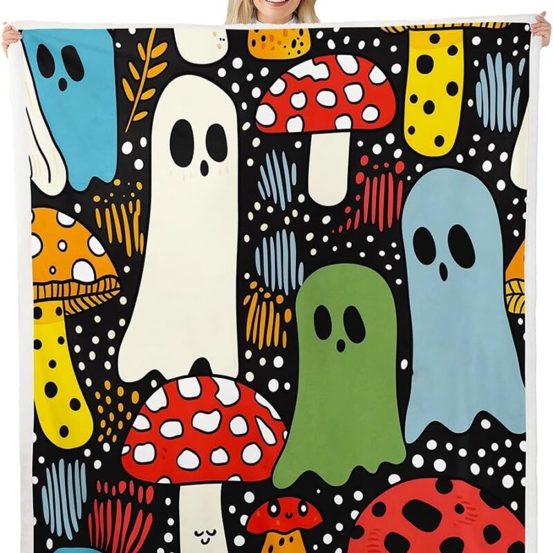 Erosebridal Mushroom Decor Halloween Blanket Throw,Cute Rainbow Ghost Blankets and Throws Kids Halloween Decor,Funny Spooky Ghost Fleece Blanket Hippie Mushroom Kawaii Blanket 90"x90"