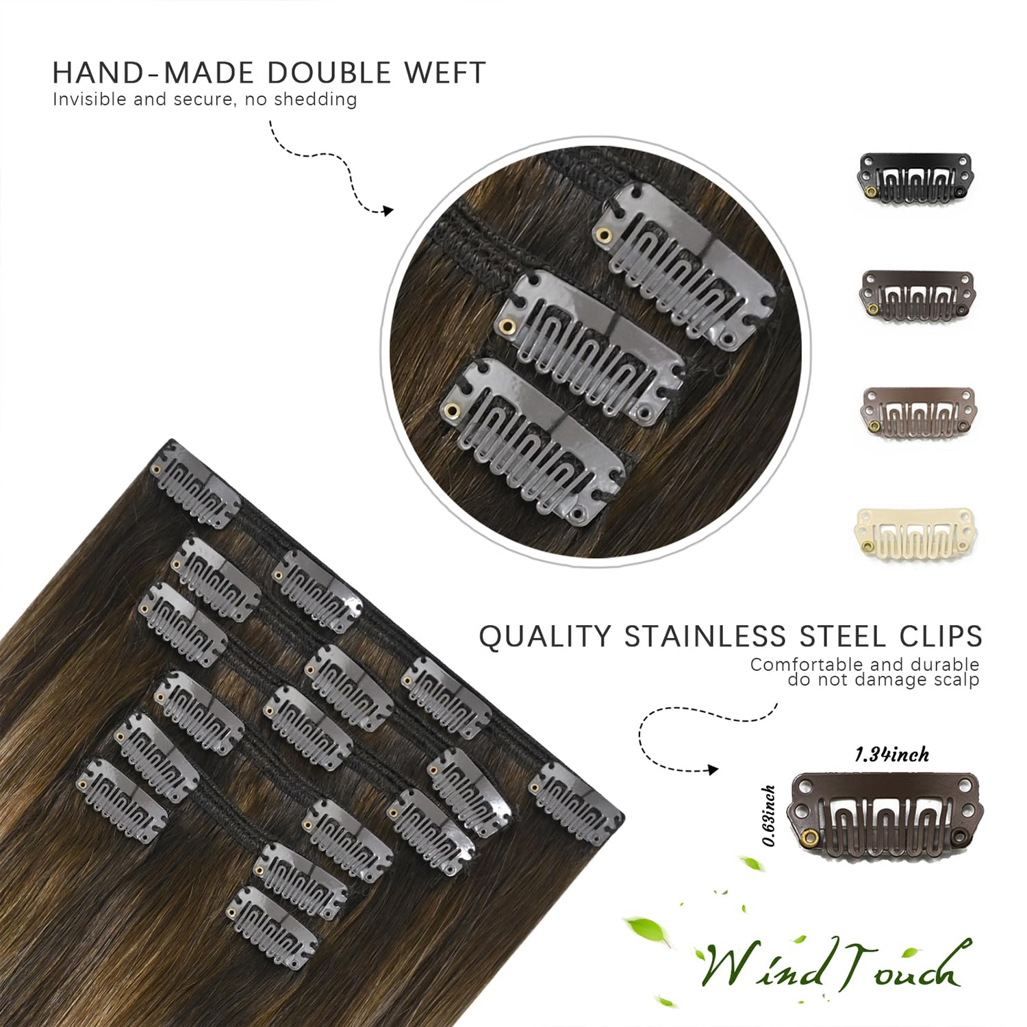 71OvE7qvRAL._SL1500_.jpg WindTouch Clip in Hair Extensions Human Ombre Medium Brown to Caramel Blonde Balayage Clip in Hair Extensions Real Human Hair 14Inch 7Pcs 120g - Image 7