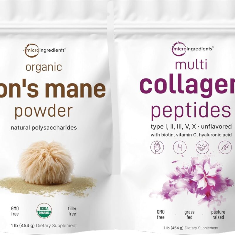 Micro Ingredients Multi Collagen Protein Powder & Lions Mane Mushroom Supplement Powder Bundle 2 Pack | Grass-Fed Collagen Peptides | Natural Superfood for Brain, Energy, & Immune Health