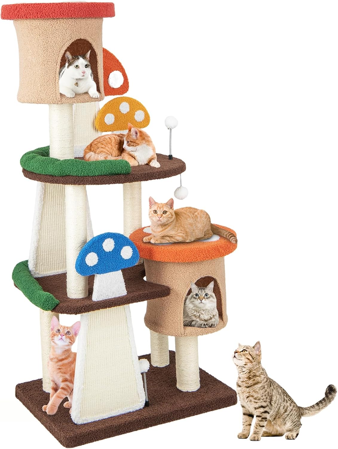 71QKjinH89L._AC_SL1500_.jpg PETSITE Mushroom Cat Tree, 57.5 Inches Tall Multi-Level Cat Tower with Natural Sisal Scratching Posts & Boards, Cat Condo and Teasing Spring Ball, Cute Cat Tree Tower for Indoor Cats Large Adult