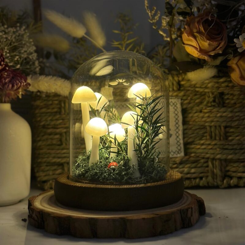 Handmade Mushroom Night Light, Gift for Wife Mushroom Lamp, Decor LED Light in Glass Dome with Base for Home Bedroom Decor Birthday with Birthday Valentines Anniversaries Gifts Box (White)