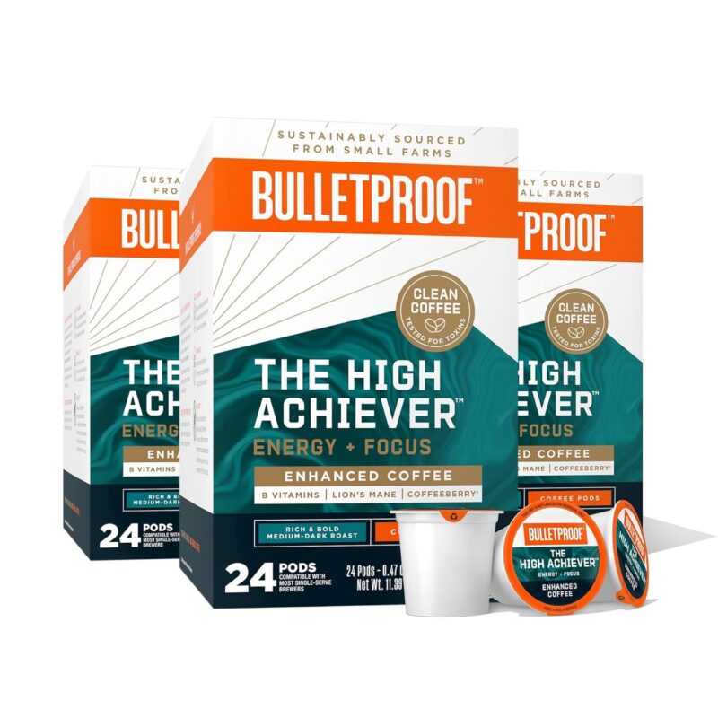 Bulletproof The High Achiever Single-Serve Pods, 72 count, Medium-Dark Roast Enhanced Coffee with Lion's Mane Mushroom, B Vitamins, and Adaptogens for Energy and Focus