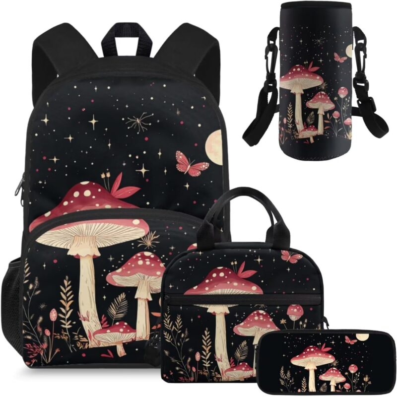 doginthehole Cute Mushroom Backpack for School Girls 15inch Girls School Bag with Lunch Bag 4pcs Large Cpacity Bookbag for Girls 10-12 for Elementary School Casual Travel Daypack Rucksack Book Bags