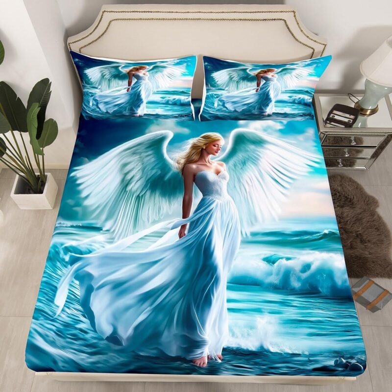 Erosebridal White Angel Sheets Queen Human Angel Fitted Sheet Guardian Goddess Bed Sheets 3 Pieces Blue Ocean Scenery Bedding Set