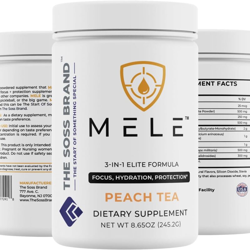 Mele 3-in-1 Focus, Hydration, Anit-Catabolic Lions Mane Cordyceps Mushroom rhodiola HMB Electrolytes 20 Serving Peach Tea
