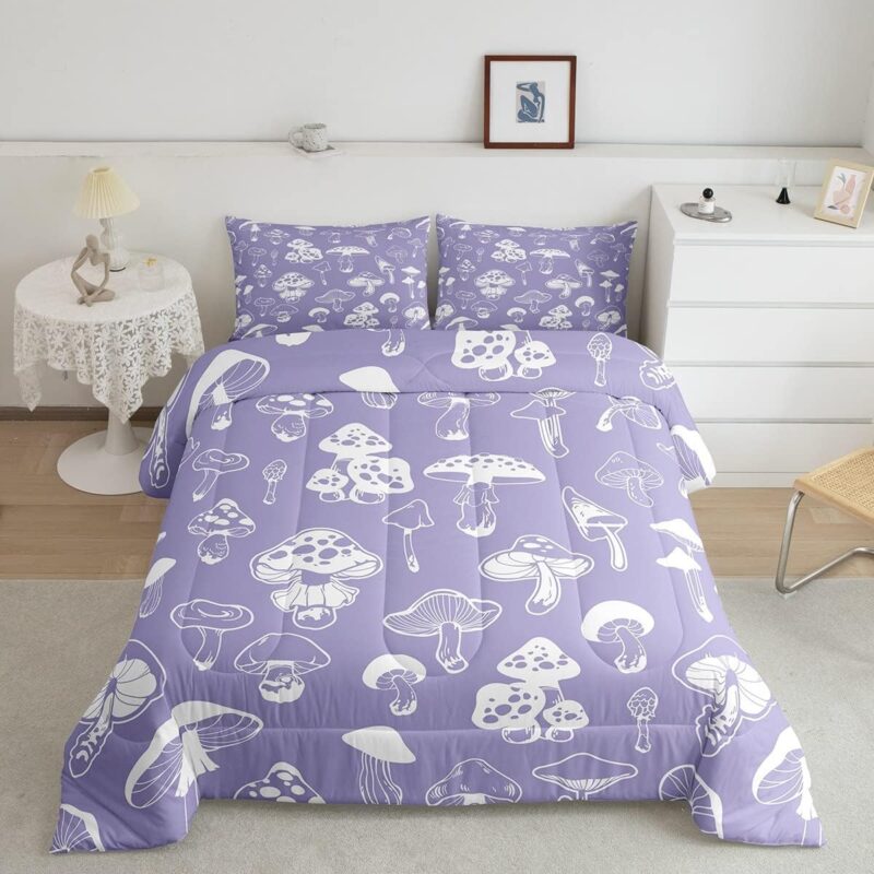Mushroom Comforter Set Full Size,Purple and White Bedding Set for Girls Women Adult Bedroom Decoration,Kids Cute Cartoon Plants Bed Duvet Insert,Purple Mushroom Comforter with 2 Pillowcase