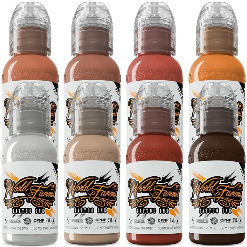 World Famous Tattoo Ink - Skin Tone Color Tattoo Kit - Professional Tattoo Ink in Color Assortment, Includes White Tattoo Ink - Skin-Safe Permanent Tattooing - Vegan & Non-Toxic (1 oz Each)