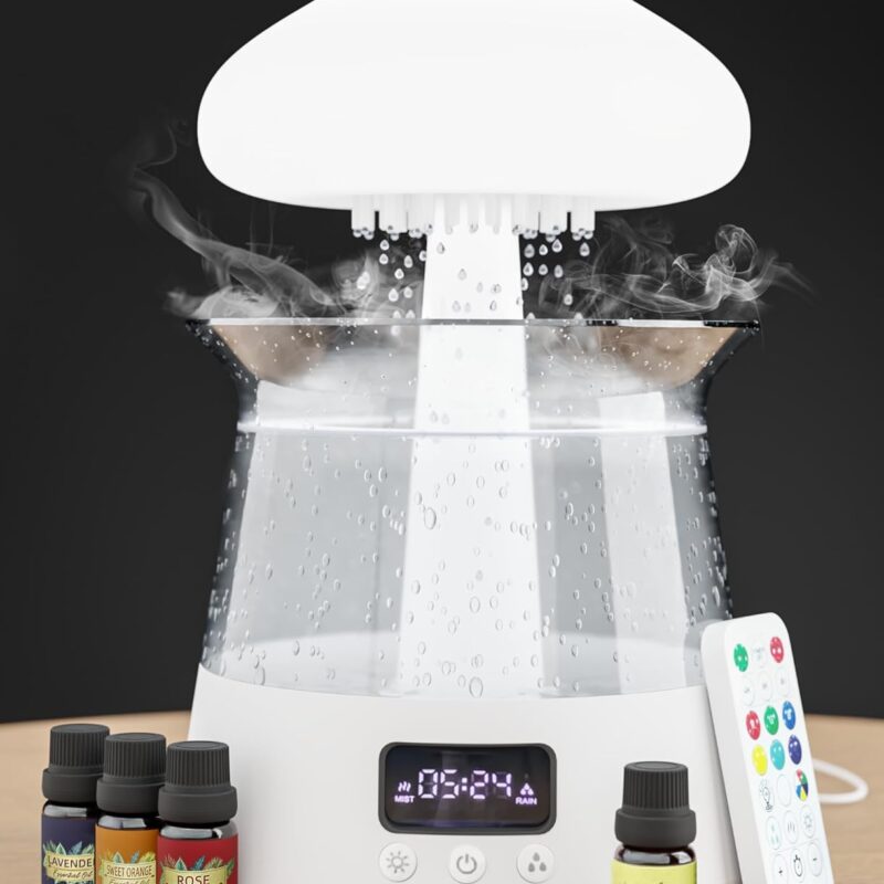 Rain Mushroom Humidifier Water Drip - With Clock and Alarm - Cloud Diffuser with Rain Mushroom Humidifier Water Drip - White
