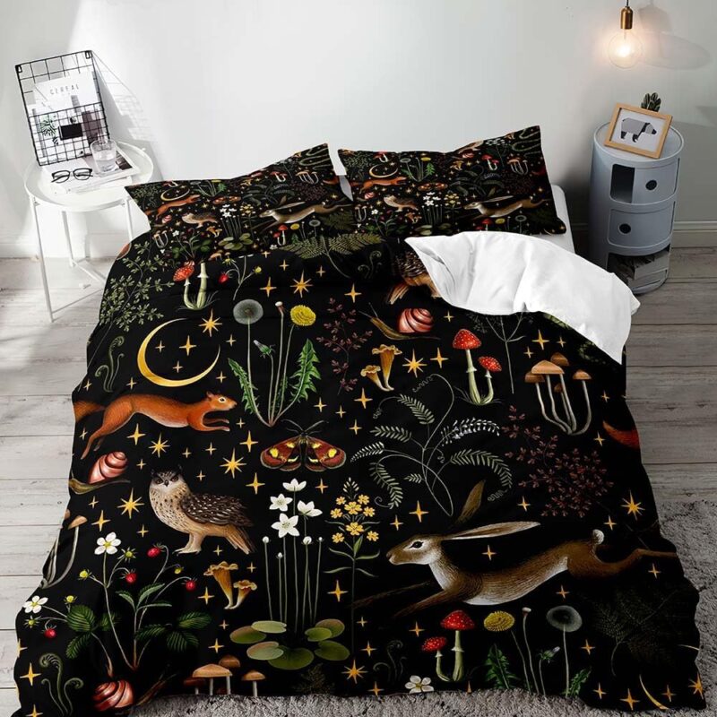 LUVIVIHOME 3PCS Mushroom Bedding, Black Duvet Cover King, Boho Aesthetic Cottagecore Bedding, Rabbit Owl Squirrel Moth Snail Wildflower Fungus Botanical Comforter Bedspread Quilt Cover, 2 Pillow Cases