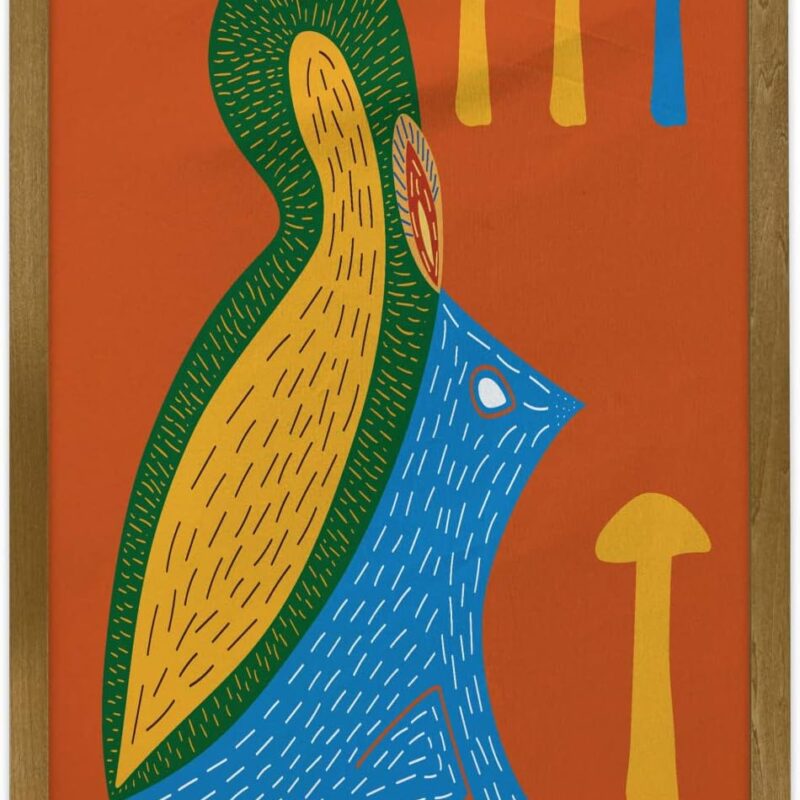 Ambesonne Squirrel Framed Wall Art, Abstract Tribal Drawing Forest Animal Mushroom, Fabric Poster with Walnut Tone Wood Frame Home Dorm Decor, 23" x 35", Burnt Orange Multicolor