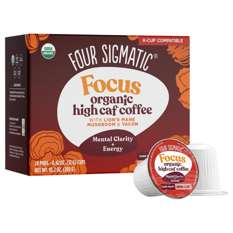 Four Sigmatic High Caffeine Mushroom Coffee K-Cups | Organic and Fair Trade Dark Roast Coffee with Lion’s Mane & Yacon | Focus & Immune Support | Vegan & Keto, Sustainable Pods | 24 Count