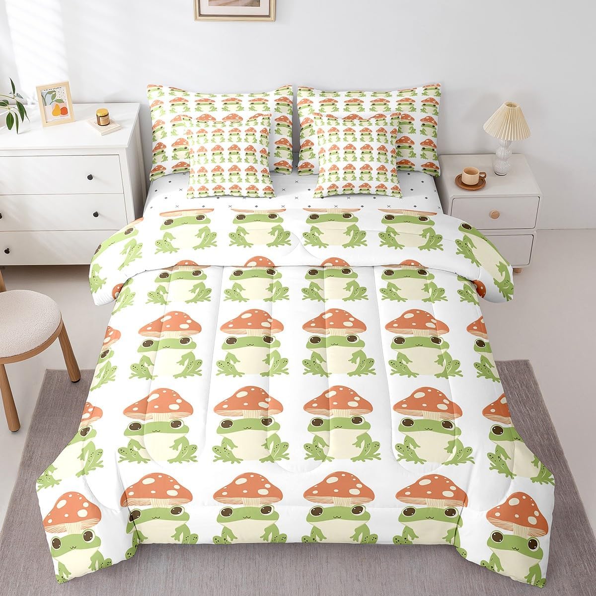 71YELSKx4hL._AC_SL1200_.jpg Feelyou Frog Bed in a Bag Cute Green Frogs with Mushroom Hats Comforter Set Twin Size 7 Pieces Boys Girls Kawaii Animal Bedding Set Microfiber Nature Bed Set with Sheets Bedroom Bed Set with Sheets - Image 3