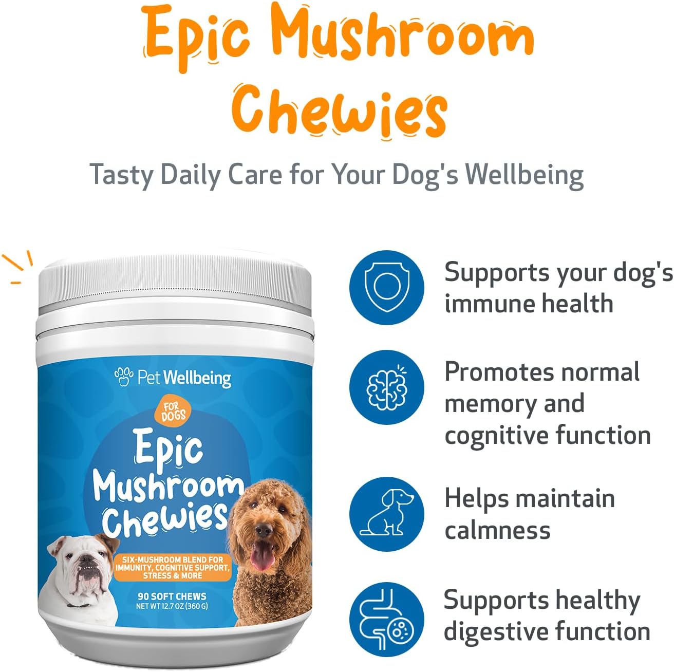 71YbmD77gHL._AC_SL1500_.jpg Pet Wellbeing Epic Mushroom Chewies for Dogs - Immune Support, Cognitive Health, Adaptogenic Stress Support with Reishi, Chaga, Lion's Mane Functional Mushrooms - Veterinarian-Formulated 90 Soft Chews - Image 2