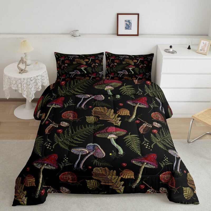 Wild Mushroom Bed Comforters Set Queen Size,Burgundy Plant Fallen Leaves Super Soft Microfiber Bedding Set for Girls/Boys,Embroidery Snail Print Decorative Comforter Set,2 Pillowcase