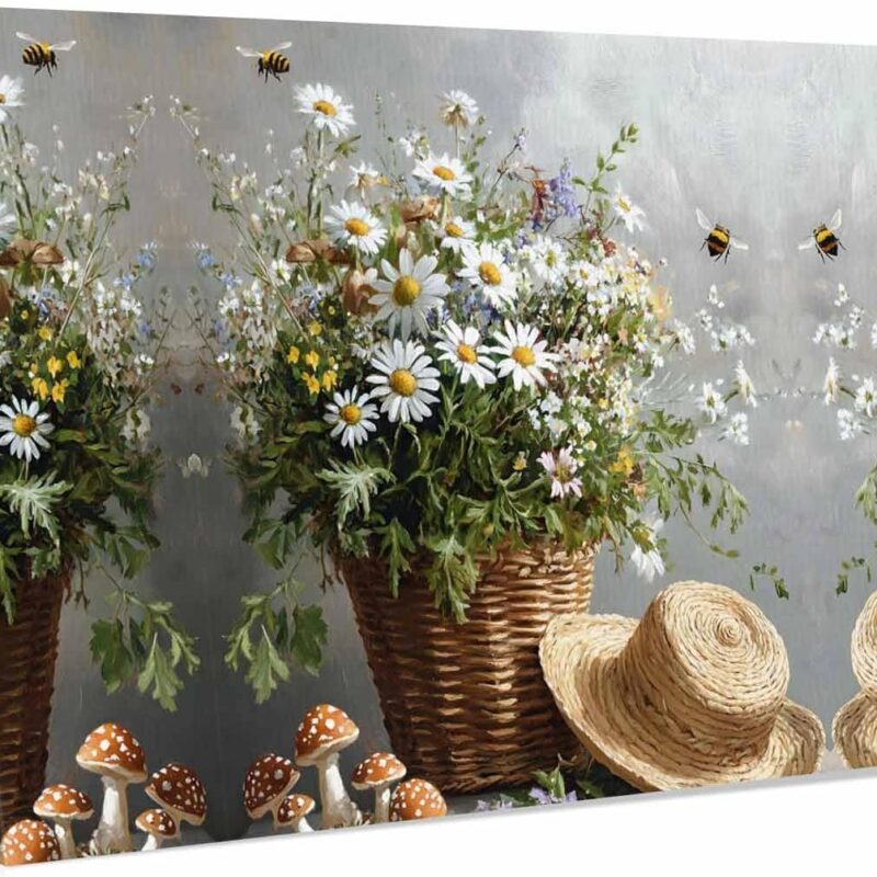 Farm Flower Straw Hat Canvas Wall Art Framed Canvas Prints Artwork Retro Country Bee Mushroom Paintings for Living Room Office Bedroom Bathroom Home Decor,Ready to Hang Pictures,20x40inch
