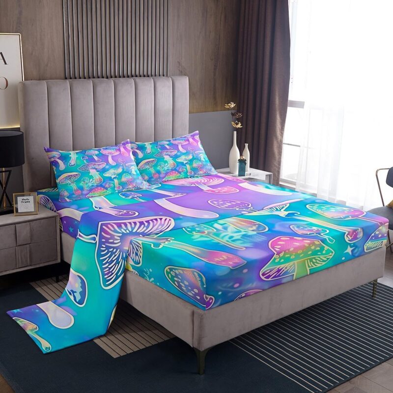 Colorful Mushroom Top Flat Sheet Queen Size,Rainbow Trippy Plant Bedding Set Kids Boys Girls Room Decor,Neon Psychedelic Mushroom Deep Pocket Sheet 4Pcs,Nature Botanical Bed Sheet Set,2 Pillowcases