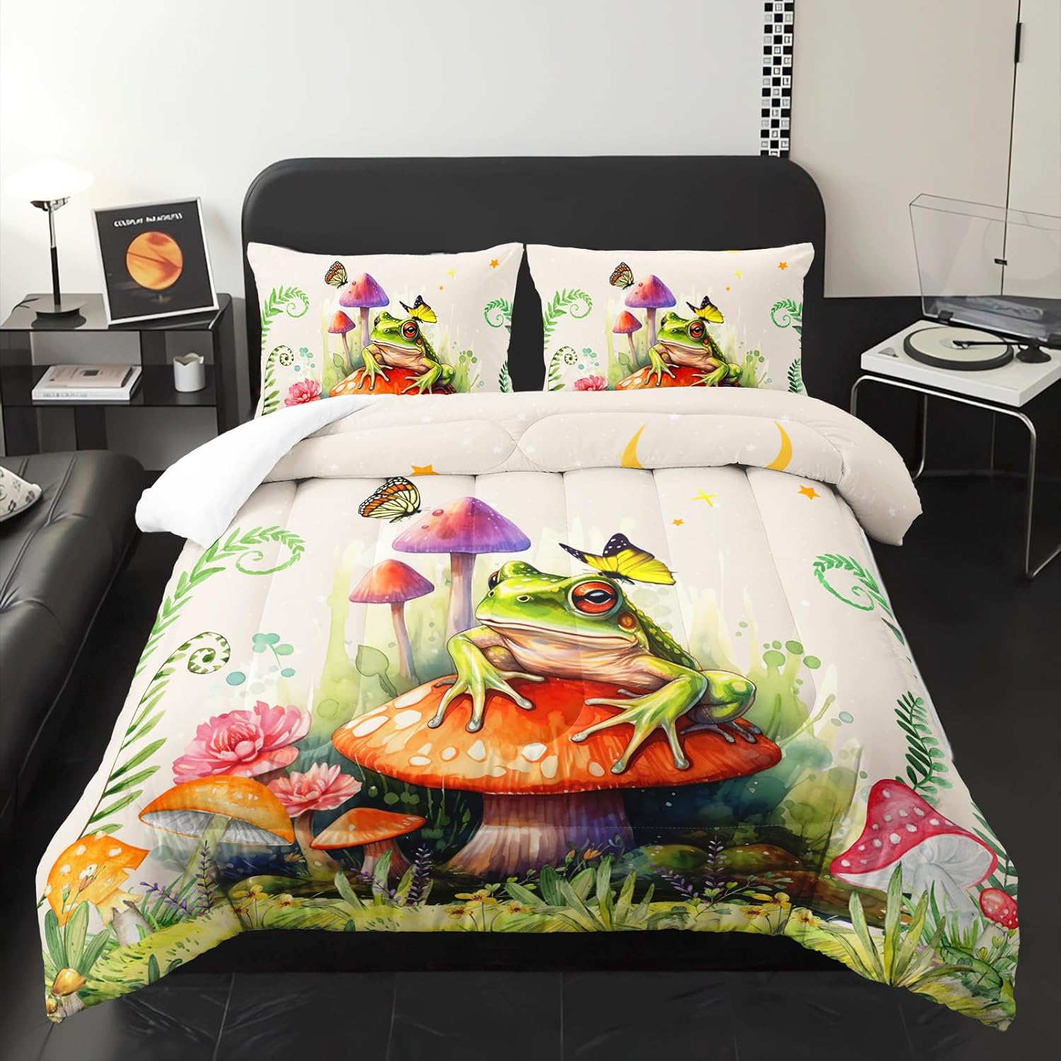 71a-U4VAfyL._AC_SL1500_.jpg Frog Comforter Set Queen Size,Botanica Mushroom 3 Piece Bedding Set for Kids,Cartoon Comforter for Room Decor Cute Decor Beige Red Duvet Set Queen Size 3Pcs Quilt Set - Image 2