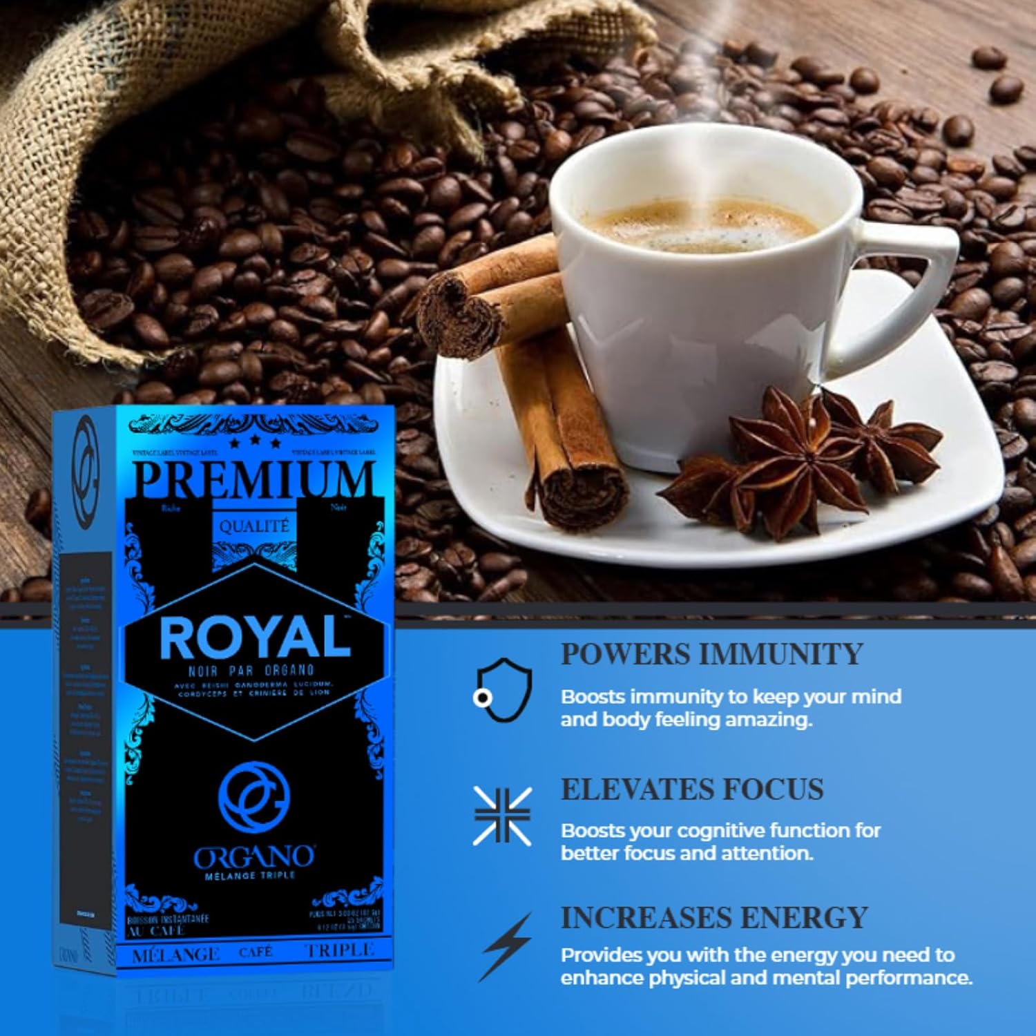 71aALt02SsL._SL1500_.jpg ORGANO Royal Black Medium Dark Roast Instant coffee. Infused with Triple Mushroom Blend, Ganoderma, Cordyceps and Lion's Mane. Aromatic and flavorful Ground Coffee Beans (25 Sachets) - Image 6