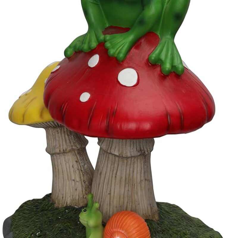 Alpine Corporation ZEN390SLR-L Frog on Mushroom Statue with LED Lights, Solar-Powered LED Frog Garden Statue, 24" H, Green