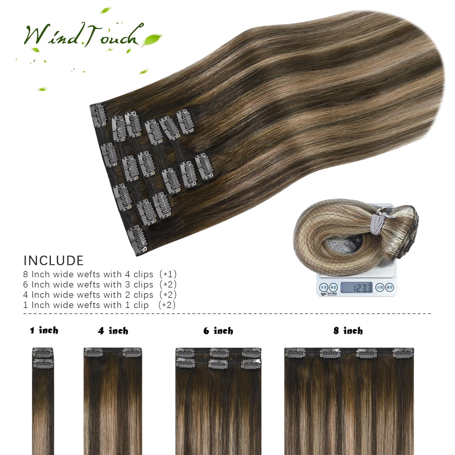 71bGlqv4imL._SL1500_.jpg WindTouch Clip in Hair Extensions Human Ombre Medium Brown to Caramel Blonde Balayage Clip in Hair Extensions Real Human Hair 14Inch 7Pcs 120g - Image 4
