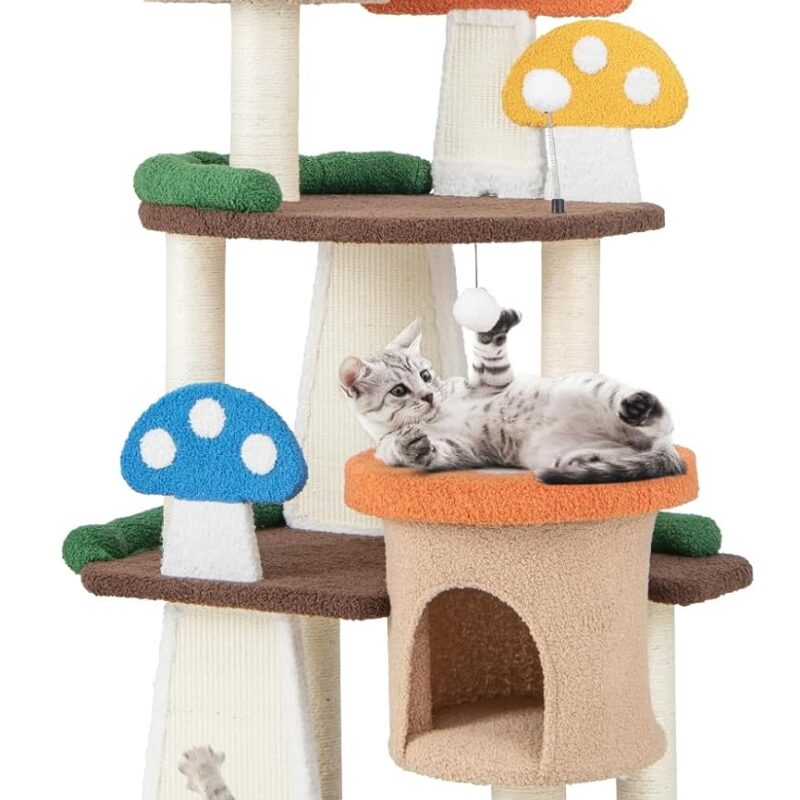 Tangkula Mushroom Cat Tree, Multi-Level Cute Cat Tower with Full-Wrapped Sisal Posts, Scratching Boards & Interactive Balls, 2 Cat Condo, Flower Cat Tree Tower for Indoor Cats Large Adult (57.5 Inch)