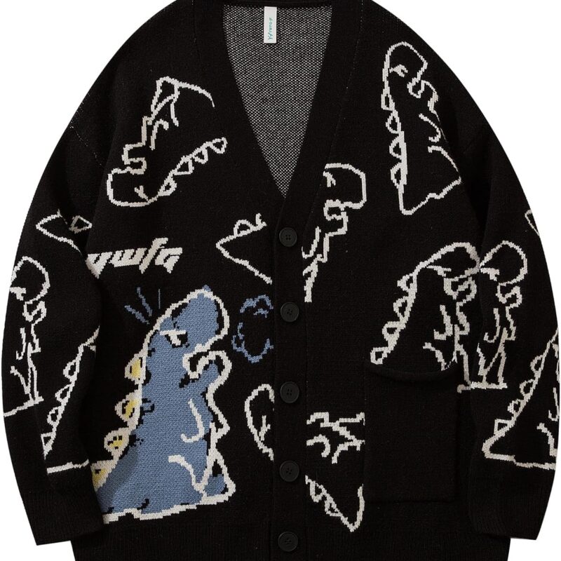 Flygo Mens Dinosaur Sweater Oversized Knitted Cartoon Button Down Sweater Cardigan