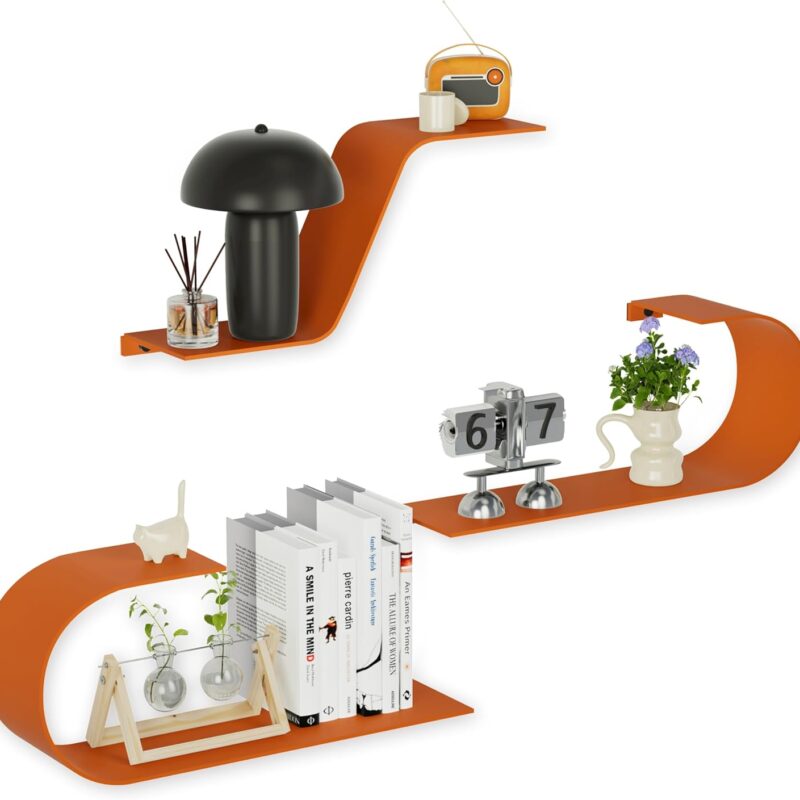 Orange Floating Shelves Set of 3, Orange Metal Wall Decor, Unique Wall Mounted Floating Shelf, Modern Long Wall Shelf, Orange Large Wall Shelves for Bedroom, Bathroom, Living Room