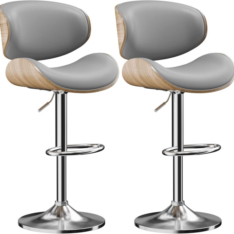 Bar Stools Set of 2, Adjustable Swivel Leather Bar Stools for Kitchen Island, Mid Century Modern Counter Height Bar Chairs Barstools with Back & Footrest (Grey)