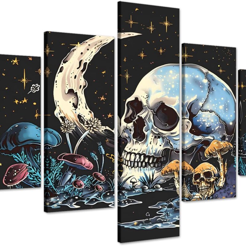 Skeleton And Mushroom Canvas Wall Art - Set of 5 Abstract Large Skull Canvas Painting Cool Starry Night Background Poster Prints Aesthetic Picture Gallery Wrapped, Framed 60x40 inch