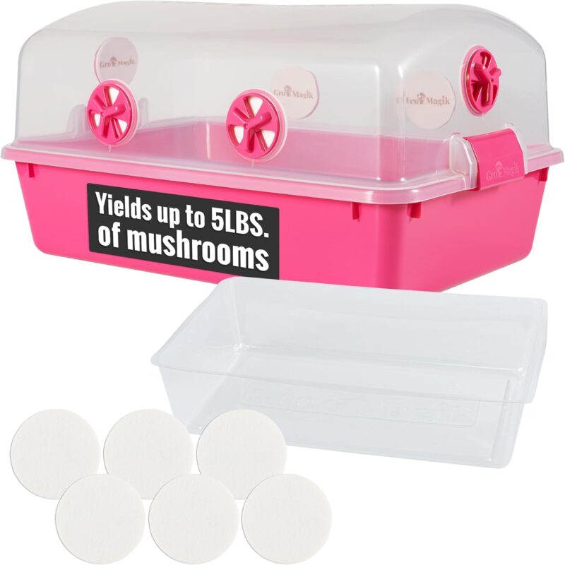 Premium Mushroom Monotub Grow Kit [XLarge, 68Q] Portable and Compact Fruiting Chamber with Plugs, Filters and Adjustable Air Vents, 22.8 x 15.7” x 12”, Pink